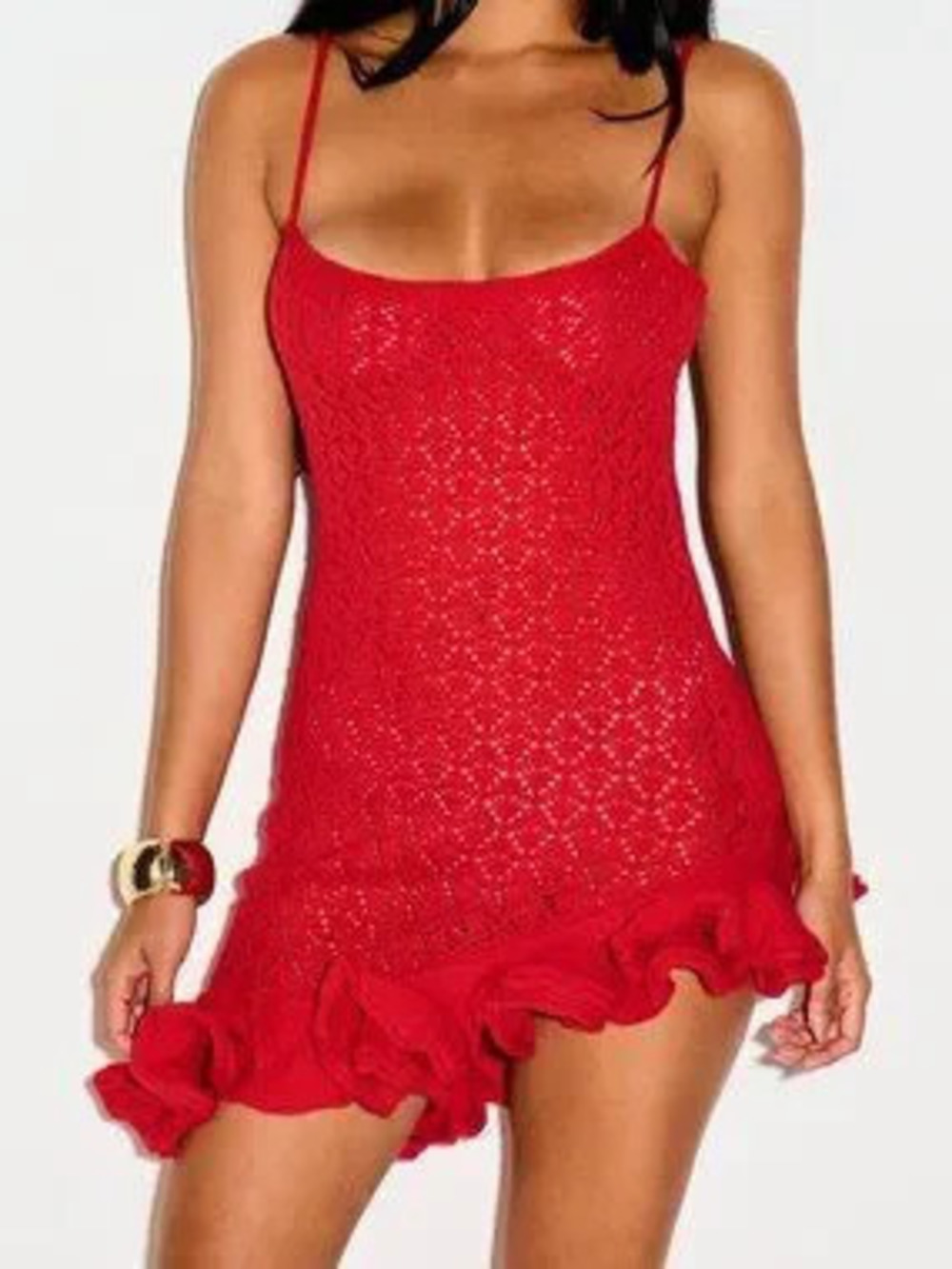 Red Party Women's Crochet Knit Mini Dress Ruffle Hem Spaghetti Strap Backless